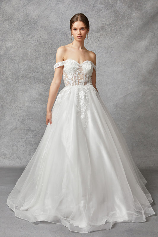 Vestido de Novia Corte en A al Hombro de Tul con Brillo y Bordado con Lentejuela, Color Off White