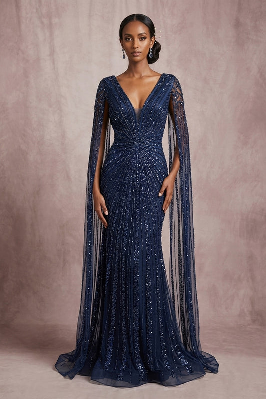 Vestido Entallado, Totalmente Adornado con Lentejuelas y Pedrería, con Escote En V y Manga Larga TIpo Capa, Varios Colores