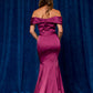 Vestido Ajustado , Hombros Descubiertos, Escote Drapeado con Volante Hacia un Costado con Adorno en la Cintura, Color Magenta