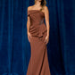 Vestido Entallado Manga Caída a Un Solo Hombro, Detalle de Drapeado al Frente con Aplicación a Un Costado de la Cintura, Color Brown