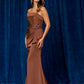 Vestido Entallado Manga Caída a Un Solo Hombro, Detalle de Drapeado al Frente con Aplicación a Un Costado de la Cintura, Color Brown