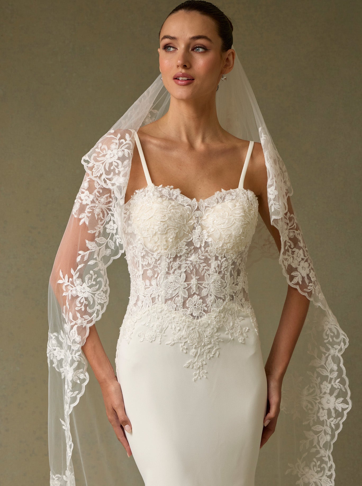 Velo Largo de Tul Bordado, Color Off White