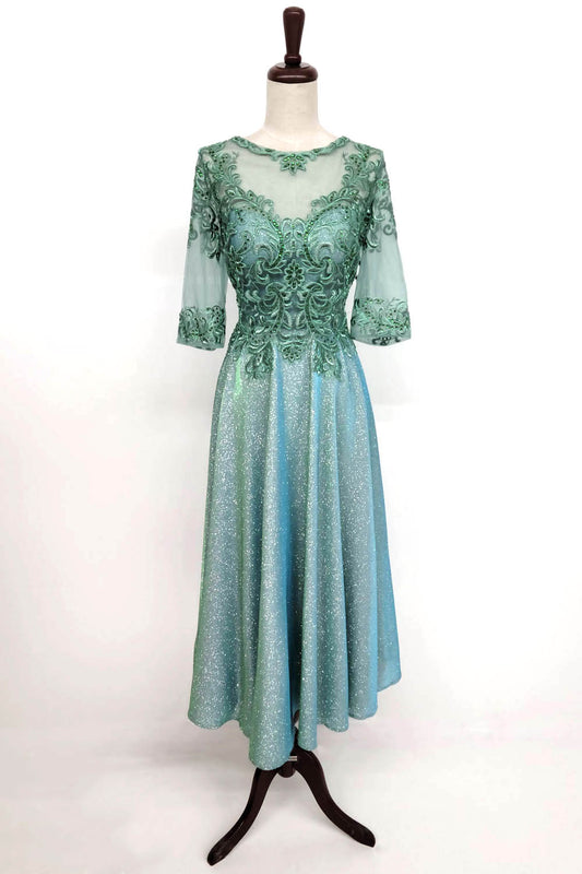 Vestido con Falda Corte Midi con Brillos y Corpiño de Tul con Encaje Bordado (Varios Colores)