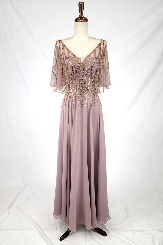 Vestido Largo con Escote en V Con Mangas Aplicaciones en Pedrería y Lentejuela (Varios Colores)