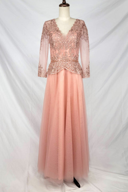 Vestido en Corte A Con Corpiño de Manga Larga Bordado con Lentejuelas y Pedrería (Varios Colores)