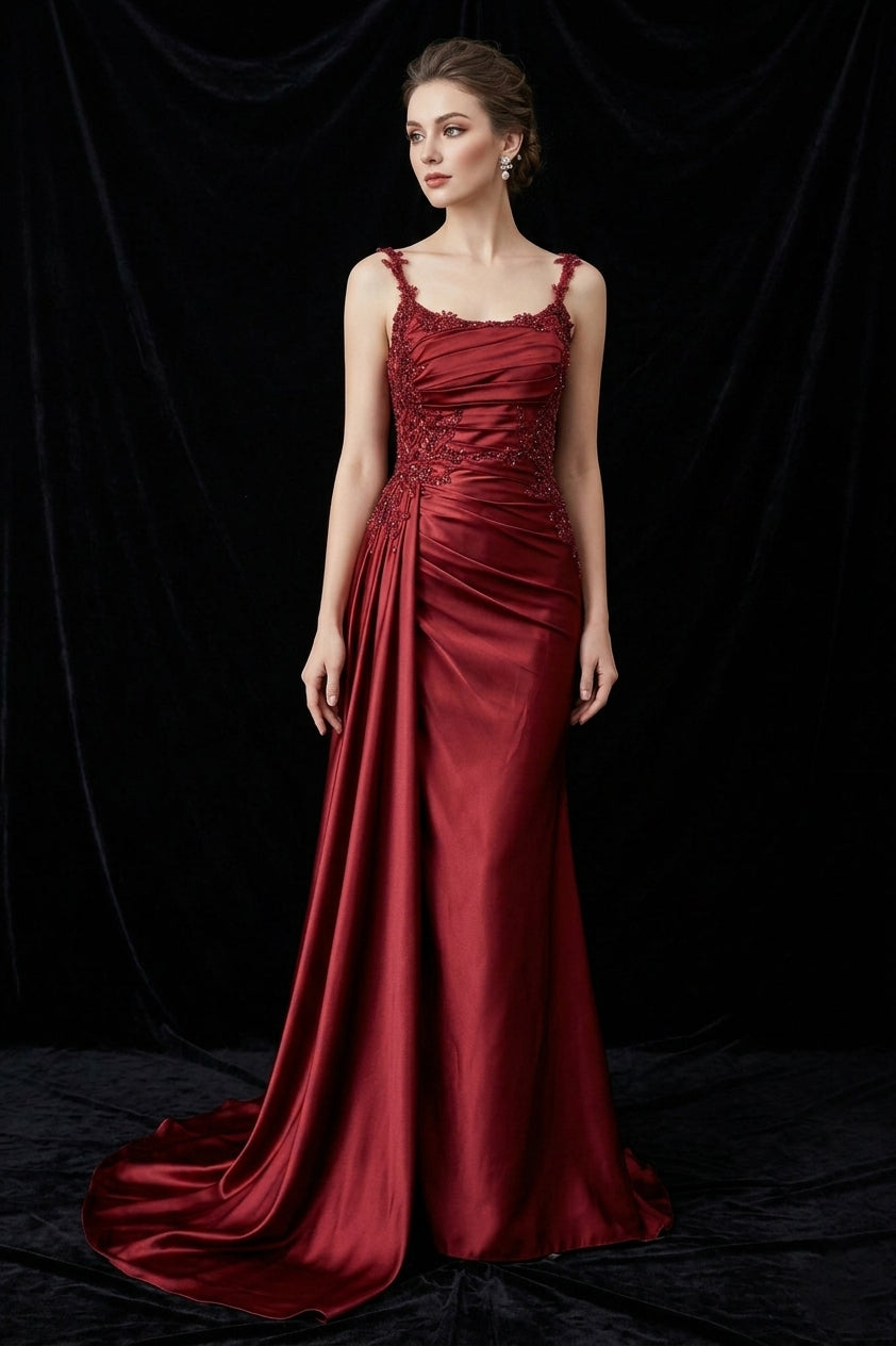 Vestido Ajustado Recto con Banda Lateral y Cauda, Con Tirantes, Escote Redondo, con Detalles de Bordado y Drapeado, Varios Colores