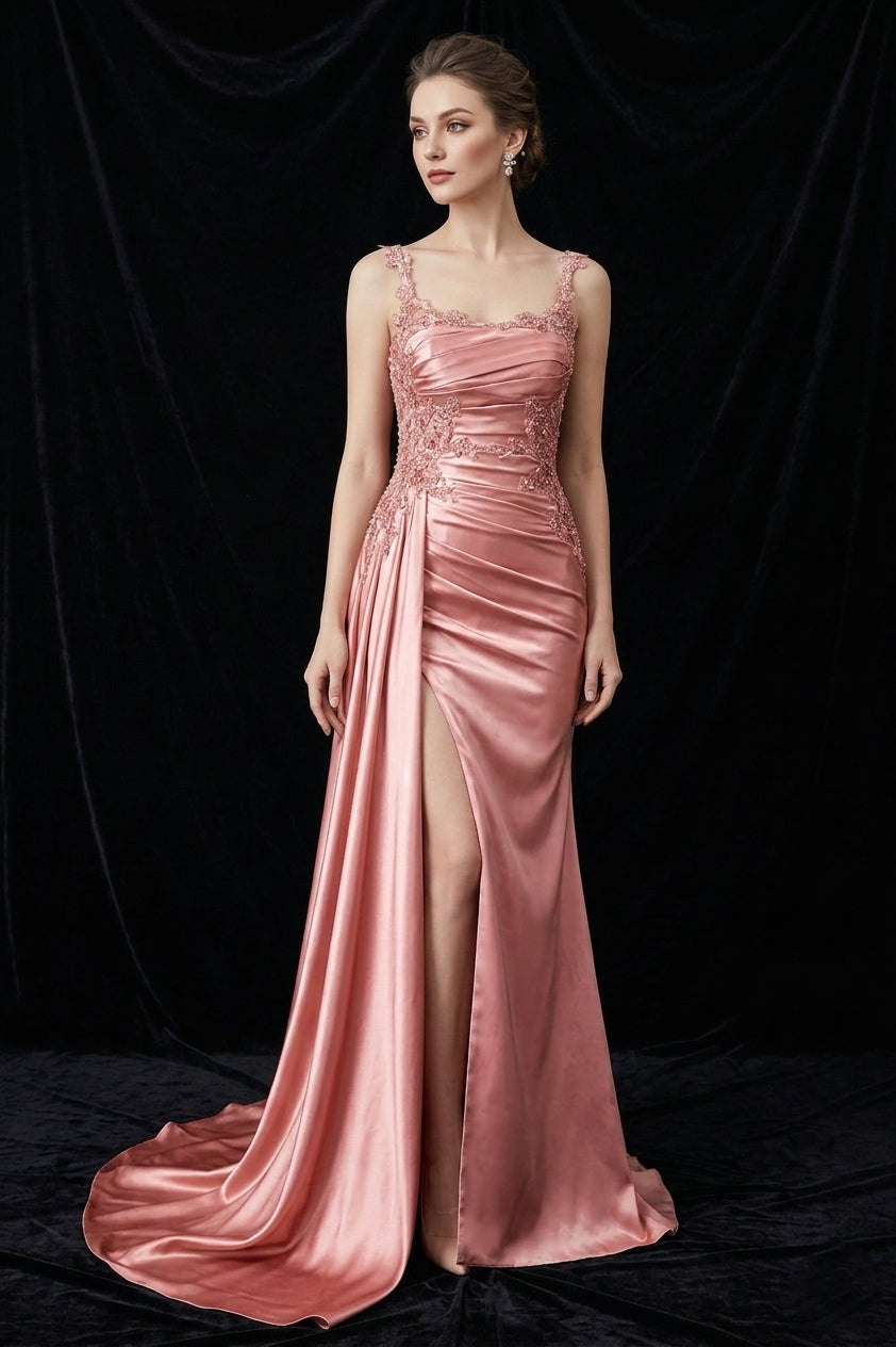 Vestido Ajustado Recto con Banda Lateral y Cauda, Con Tirantes, Escote Redondo, con Detalles de Bordado y Drapeado, Varios Colores