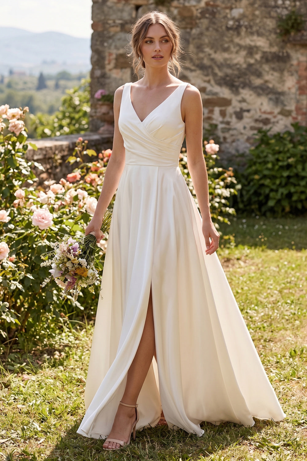 Vestido de Satén, Sin Mangas, Cuello en V, Cuerpo plisado, Espalda Acordonada y Abertura en la Pierna, Color Off White