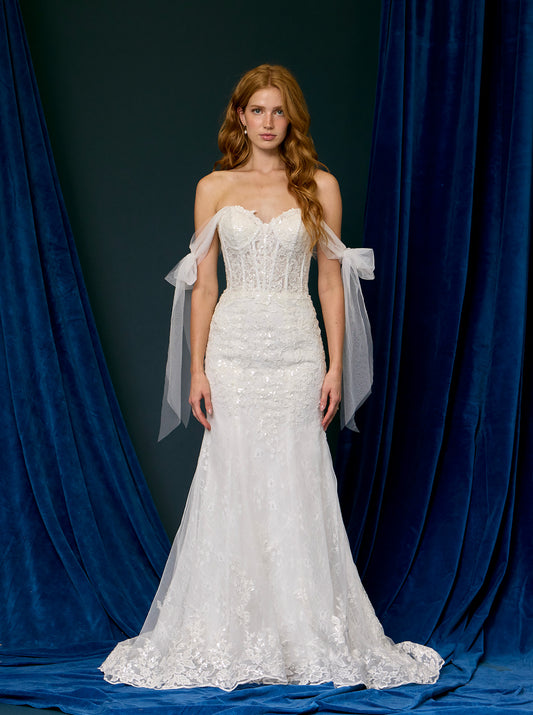 Vestido de Novia Corte Sirena, con Escote Corazón, Mangas Caídas de Lazos de Tul, Color Off White