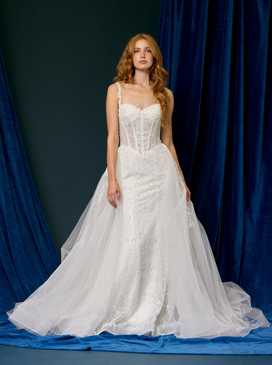 Vestido de Novia con Sobrefalda Desmontable, de Tul y Encaje Bordado, Con Corpiño Tipo Corsé, Color Off White