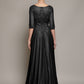 Vestido de Tul Brilloso y Bordado con Cuentas y Lentejuelas con mangas 3/4 Color Gold y Black