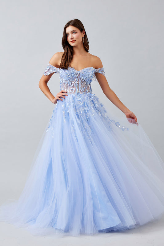 Vestido Corte en A  Escote Corazón y Espalda con Cordones Color Ice Blue.