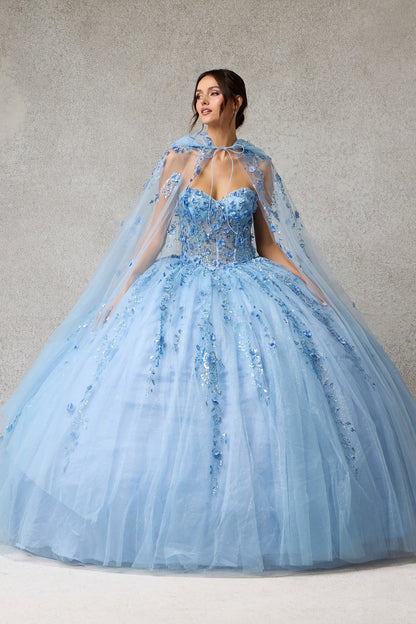 Vestido de Fiesta de Tul Bordado con Brillos, Cristales y Lentejuelas y Capa Desmontable con Capucha, Color Ice Blue y Red