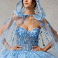 Vestido de Fiesta de Tul Bordado con Brillos, Cristales y Lentejuelas y Capa Desmontable con Capucha, Color Ice Blue