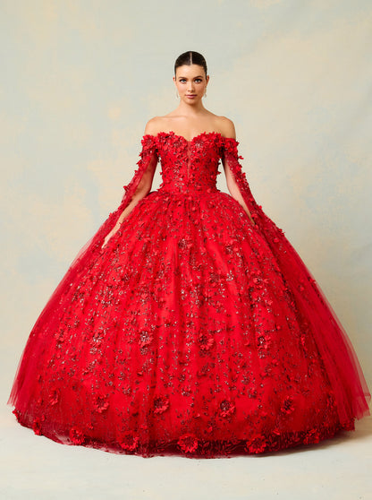 Vestido de Fiesta Manca Larga al Hombro Bordado con Flores,  Cuentas y Lentejuelas (Varios Colores)