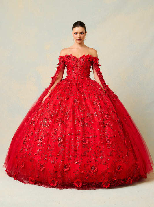 Vestido de Fiesta Manca Larga al Hombro Bordado con Flores,  Cuentas y Lentejuelas (Varios Colores)