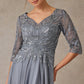 Vestido en Linea A de Gasa Brillante Cuello en V Manga 3/4 con Bordados de Cristales y Lentejuelas color Dark Gray