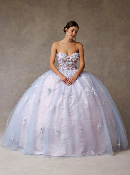 Vestido de Fiesta con Brillos Escote de Corazón Aplicaciones en Flores en color Ligth Blue Pink