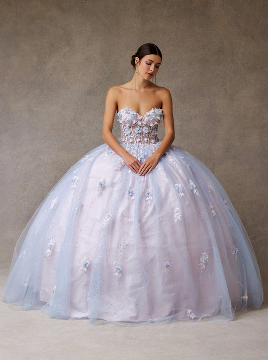 Vestido de Fiesta con Brillos Escote de Corazón Aplicaciones en Flores en color Ligth Blue Pink