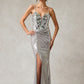 Vestido Metalizado de Satén Elástico con Cuentas en Corpiño, Colores Gold y Silver