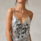 Vestido Metalizado de Satén Elástico con Cuentas en Corpiño, Colores Gold y Silver