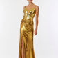 Vestido Metalizado de Satén Elástico con Cuentas en Corpiño, Color Gold