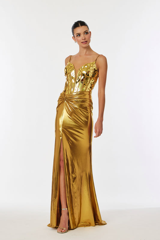 Vestido Metalizado de Satén Elástico con Cuentas en Corpiño, Color Gold