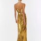 Vestido Metalizado de Satén Elástico con Cuentas en Corpiño, Color Gold