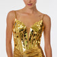 Vestido Metalizado de Satén Elástico con Cuentas en Corpiño, Color Gold