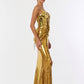 Vestido Metalizado de Satén Elástico con Cuentas en Corpiño, Color Gold