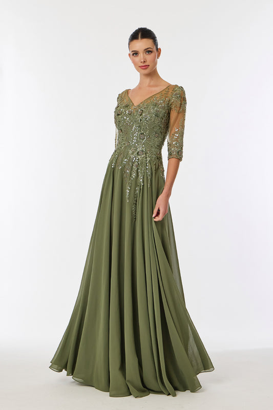 Vestido de Chiffon, Corte en A, Mangas 3/4. Escote en V, Con Corpiño Bordado, Color Olive