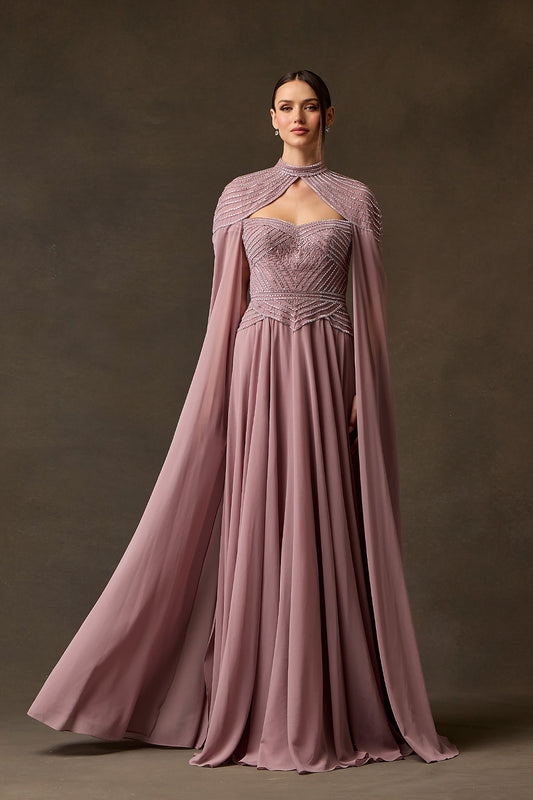 Vestido Corte A, de Chiffon y Tul, con Mangas Tipo Capa Desmontable con Aplicaciones, Color Mauve.