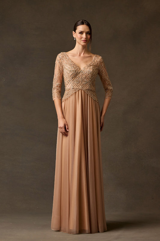 Vestido Corte en A, de Chiffon y Tul, con Corpiño Bordado, Color Rose Gold