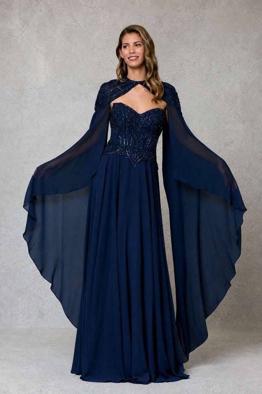 Vestido en Corte A, Escote Corazón, Corpiño Bordado, Con Capa Corta, Color Navy