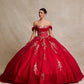 Vestido de Fiesta con Hombros Descubiertos de Encaje Bordado con Brillos Cristales y Lentejuelas, Color Red Gold