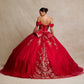 Vestido de Fiesta con Hombros Descubiertos de Encaje Bordado con Brillos Cristales y Lentejuelas, Color Red Gold