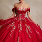 Vestido de Fiesta con Hombros Descubiertos de Encaje Bordado con Brillos Cristales y Lentejuelas, Color Red Gold