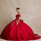 Vestido de Fiesta con Hombros Descubiertos de Encaje Bordado con Brillos Cristales y Lentejuelas, Color Red Gold