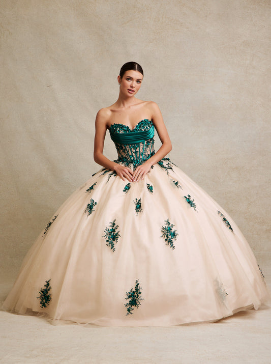 Vestido de Fiesta de Tul y Satén Bordado con Perlas, Lentejuelas y Perlas, Color Champagne-Green