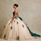 Vestido de Fiesta de Tul y Satén Bordado con Perlas, Lentejuelas y Perlas, Color Champagne-Green