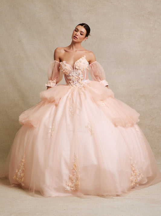 Vestido de Fiesta con Mangas Desmontables con Aplicaciones en Cuentas, Lentejuelas y Flores en 3D, Color Peach