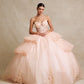 Vestido de Fiesta con Mangas Desmontables con Aplicaciones en Cuentas, Lentejuelas y Flores en 3D, Color Peach