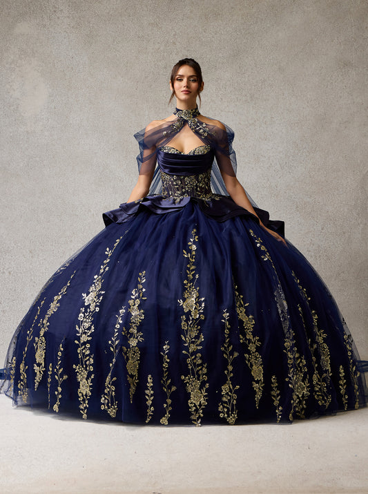 Vestido de Fiesta, Sin Tirantes, Capa Estilo Halter, Escote Corazón en Corte Princesa, Color Navy-Gold