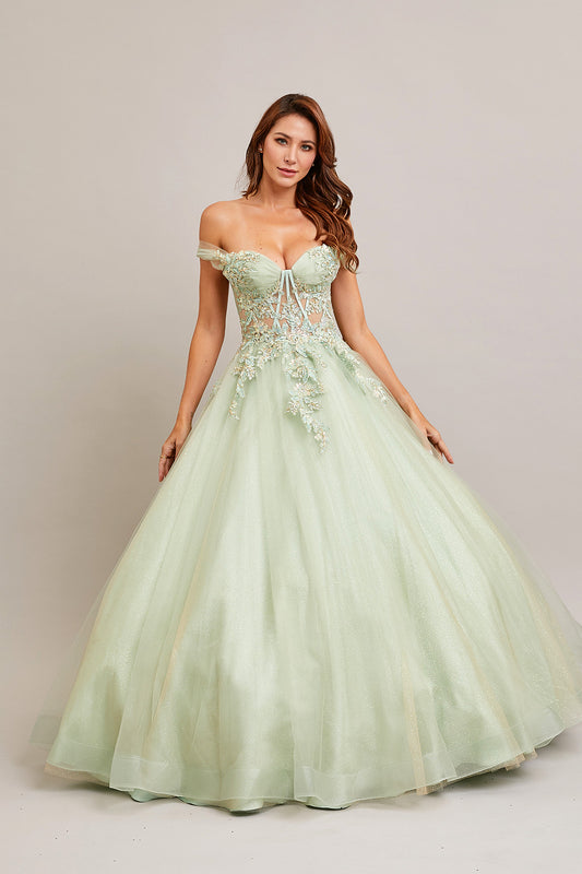 Vestido de Fiesta de Tul Bordado con Hombros Descubiertos y Escote de Corazón, Color Sage