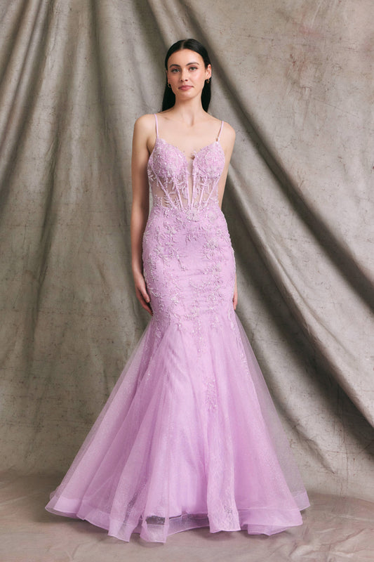 Vestido Corte Sirena de Encaje y Tul de Tirantes y Escote de Corazón Color Lilac