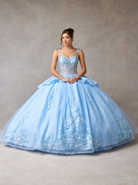 Vestido Corte Princesa, Escote Corazón, Corsé Semitransparence, Tirantes con Adornos, Color Ice Blue