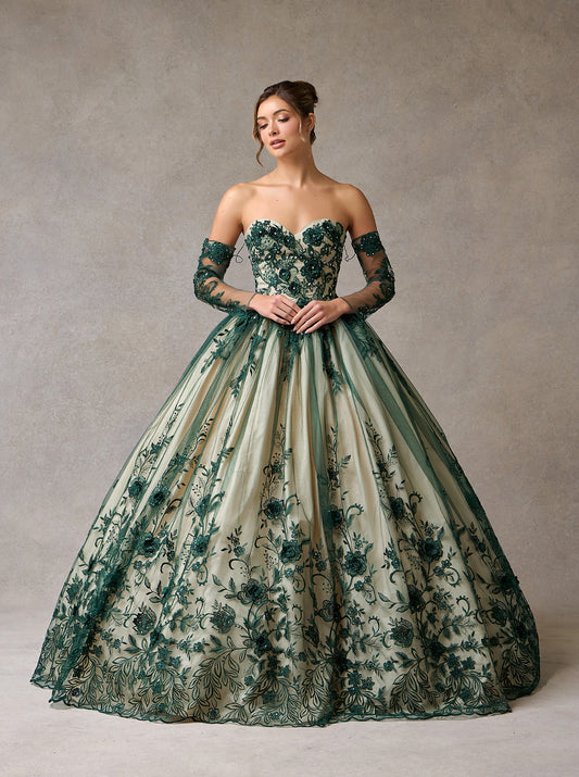 Vestido de Fiesta, Corte Princesa, Escote Corazón, con Mangas Largas Transparentes y Hombros Descubiertos, con Detalles Florales, Color Hunter Green Nude