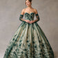 Vestido Cote Princesa de Tul y Encaje Bordados, con Aplicaciones Florales en 3D, Color Hunter Green Nude