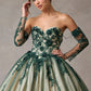 Vestido Cote Princesa de Tul y Encaje Bordados, con Aplicaciones Florales en 3D, Color Hunter Green Nude