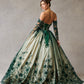 Vestido Cote Princesa de Tul y Encaje Bordados, con Aplicaciones Florales en 3D, Color Hunter Green Nude